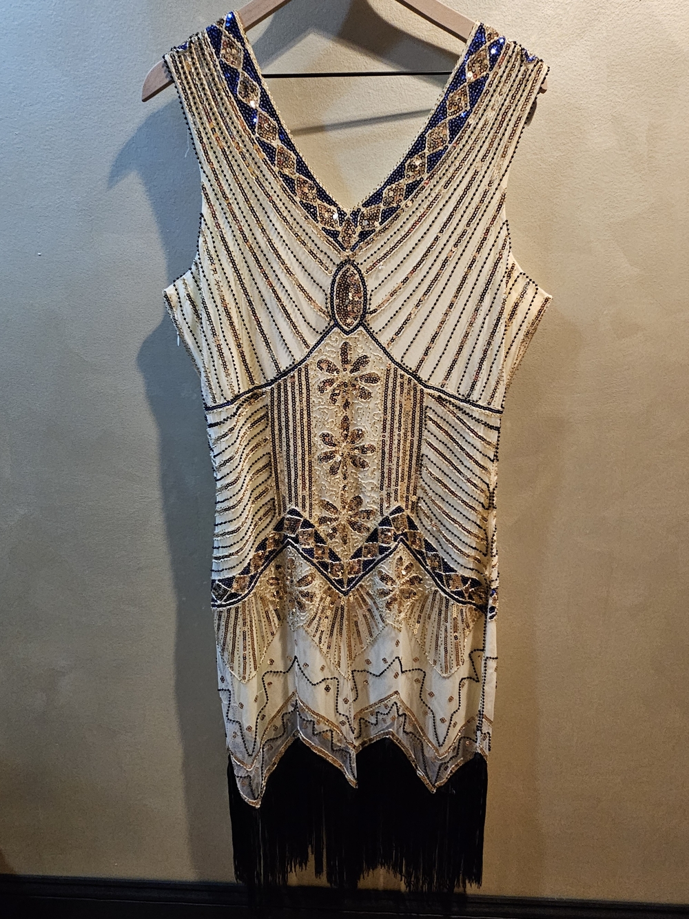 Beaded Ivory & Navy Flapper Dress with Fringe